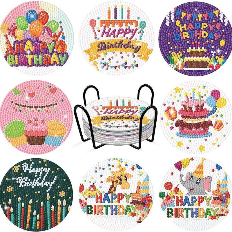 Diamond Painting-8x Happy Birthday Untersetzer
