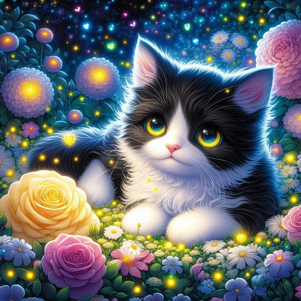 Diamond Painting-Katze in Blüte