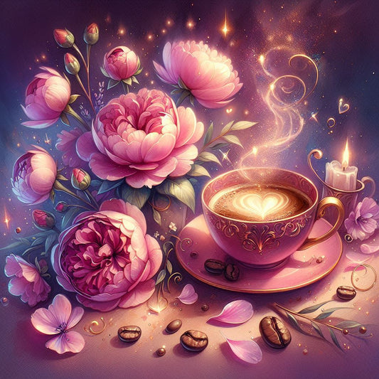 Diamond Painting-Blumen und Kaffee