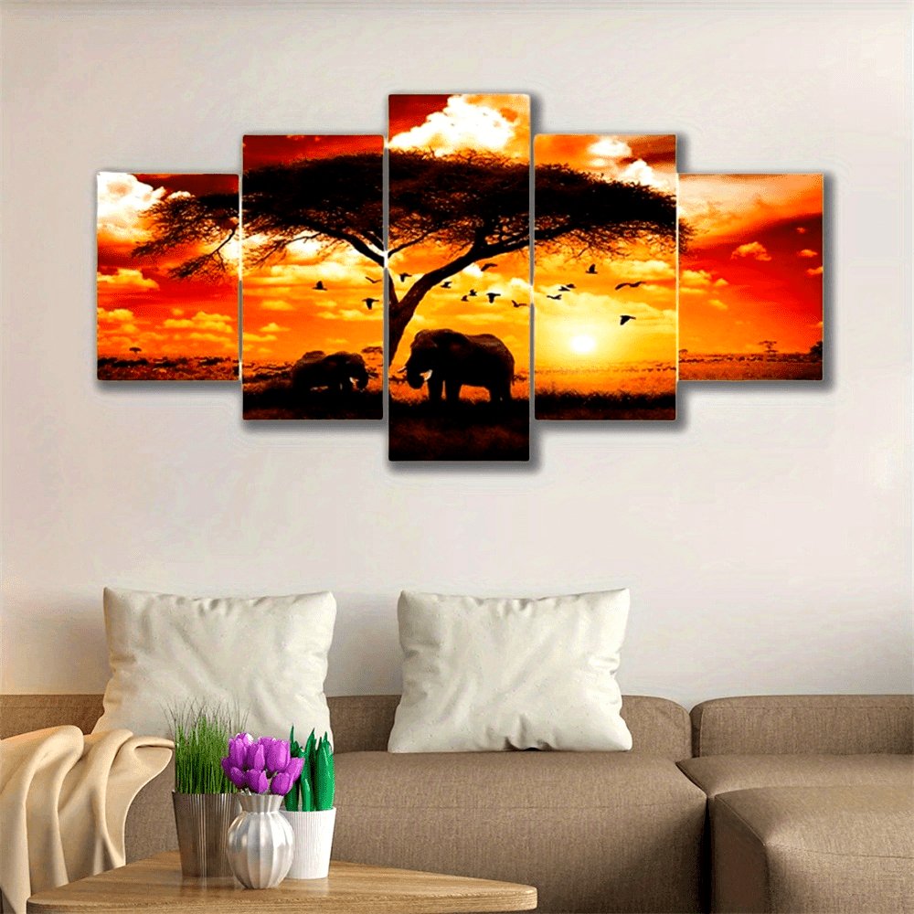 5 Paneele Diamond Painting-Elefanten unter dem Sonnenuntergang - Jetzt bei diamondspainting kaufen