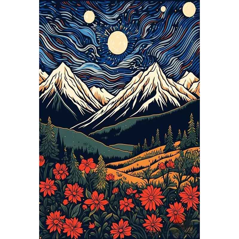 Diamond Painting-Blumen und Berge im Sternenglanz