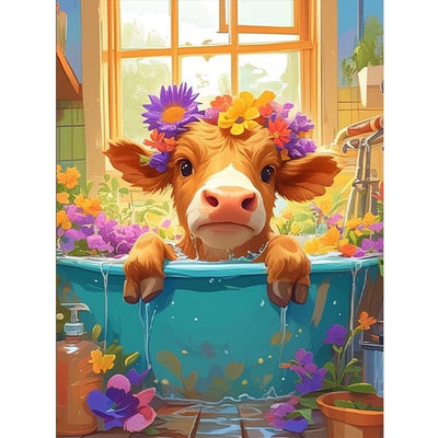 Diamond Painting-Kuh im Blütenbad