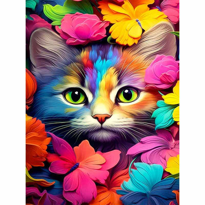 Diamond Painting-Bunte Blumenkatze