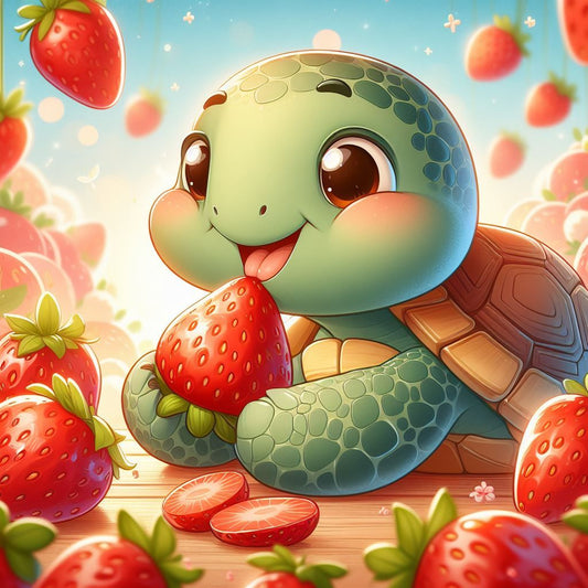 Strass- Schildkröte, die Erdbeere isst