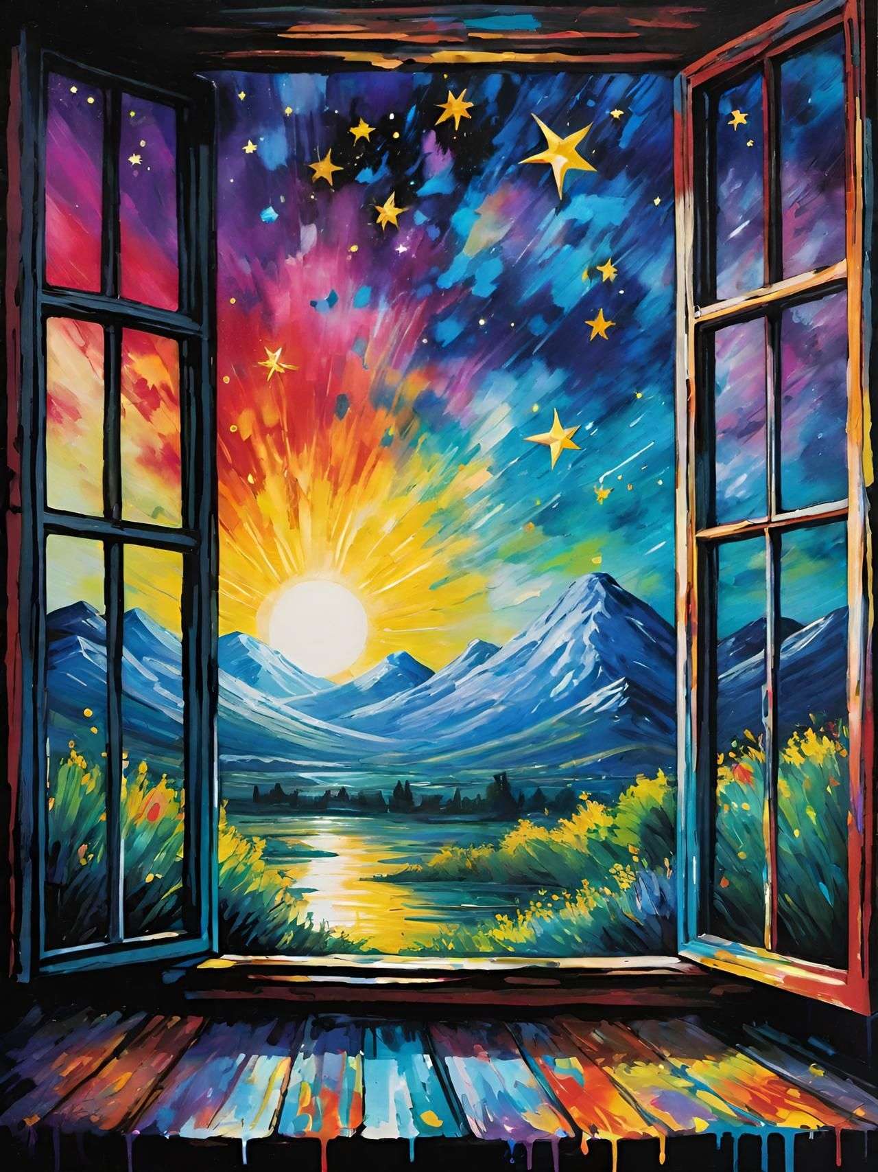 AB Diamond Painting - Sonnenaufgang draußen am Fenster - diamondspainting