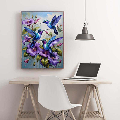 Diamond Painting-Drei Kolibris und violette Blüten