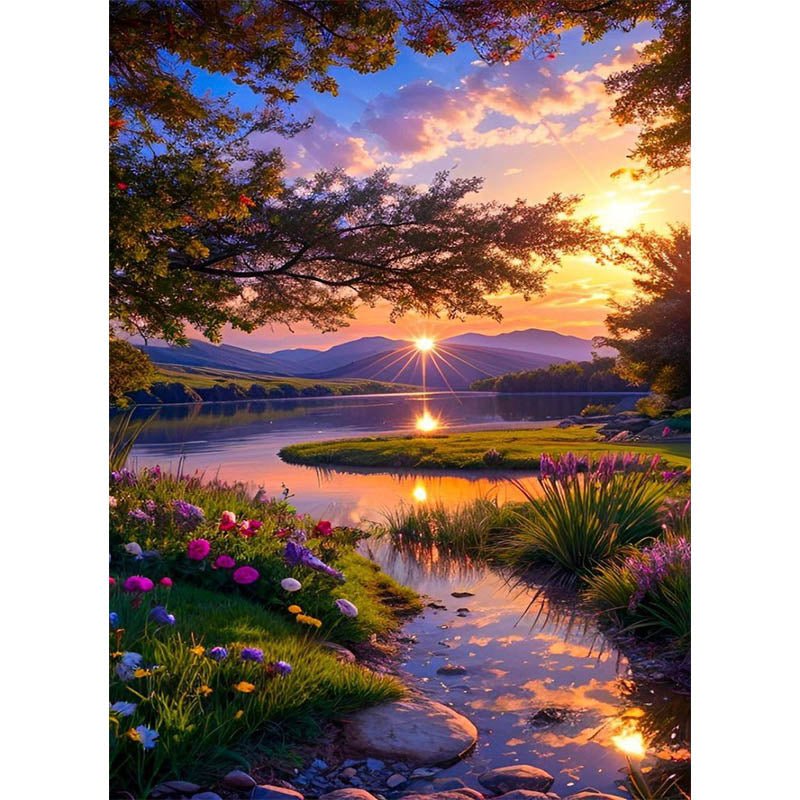 Diamond Painting-Ausblick vom Berg im Sonnenuntergang