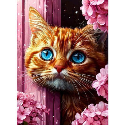 Diamond Painting-Blaue Katzenaugen im Blütenfenster