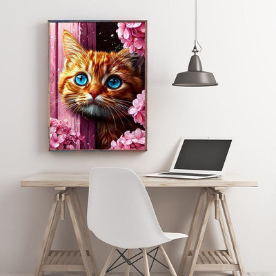 Diamond Painting-Blaue Katzenaugen im Blütenfenster