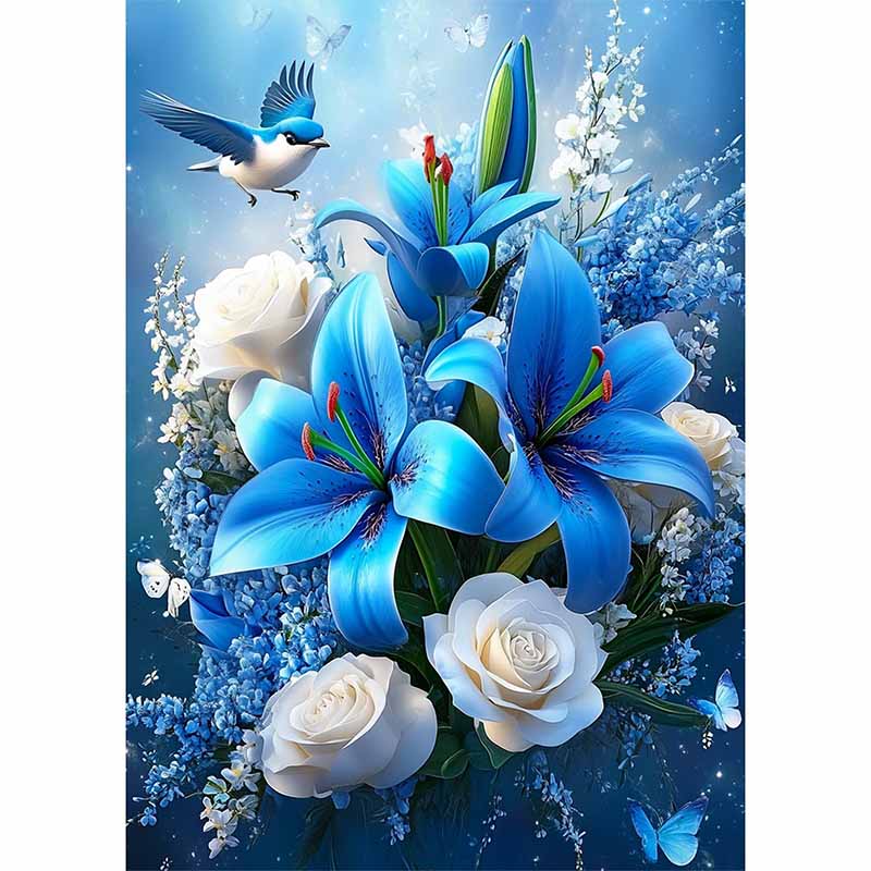 Diamond Painting-Blaue Lilien und weiße Rosen