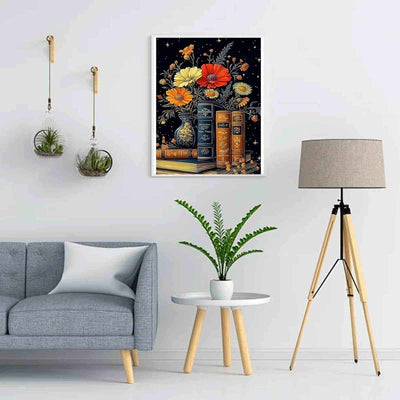 Diamond Painting-Blüten und Bücher