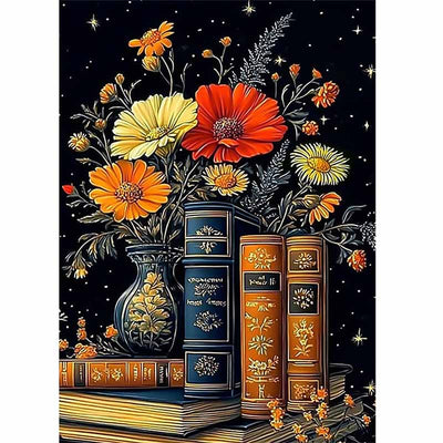 Diamond Painting-Blüten und Bücher