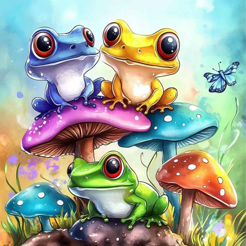 Diamond Painting-Bunte Frösche auf Zauberpilzen