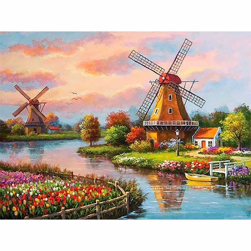 Diamond Painting-Bunte Tulpen und Windmühlen