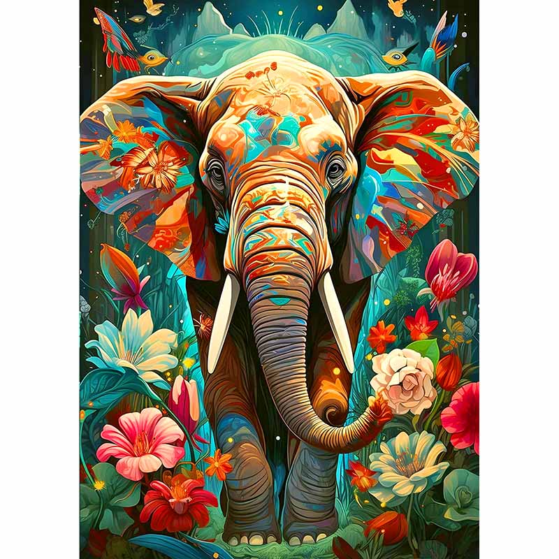 Diamond Painting-Bunter Elefant im Blumenmeer