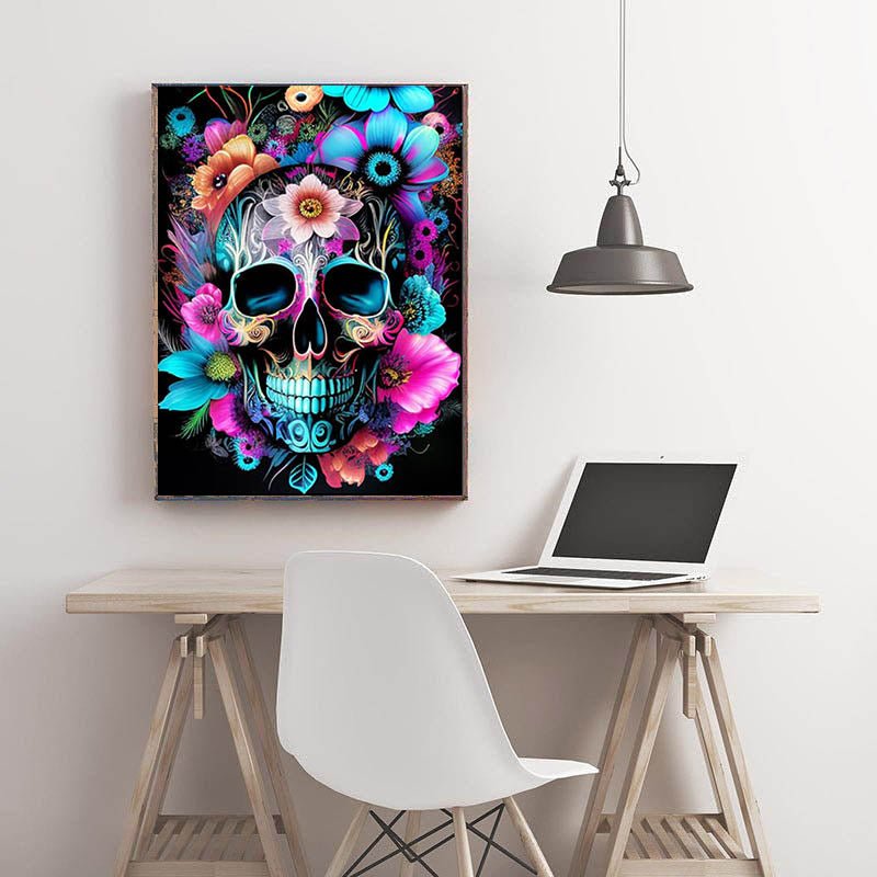 Diamond Painting-Bunter Totenkopf mit Blumen