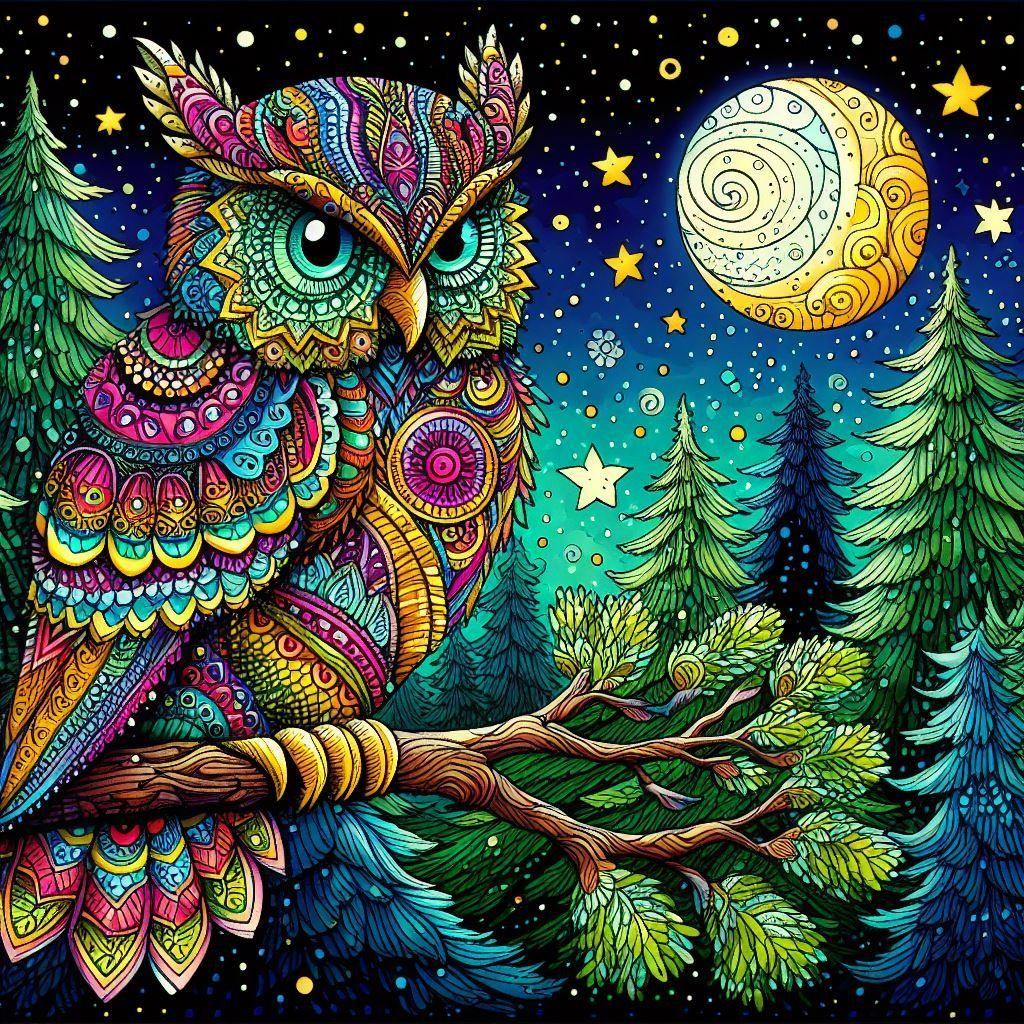 Diamond Painting-Der bunte Uhu im Mondlicht - Jetzt bei diamondspainting kaufen