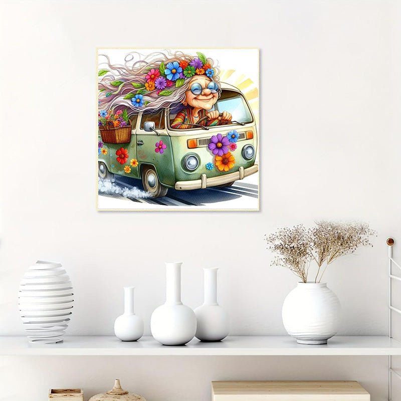 Diamond Painting-Die alte Dame, die Auto fährt