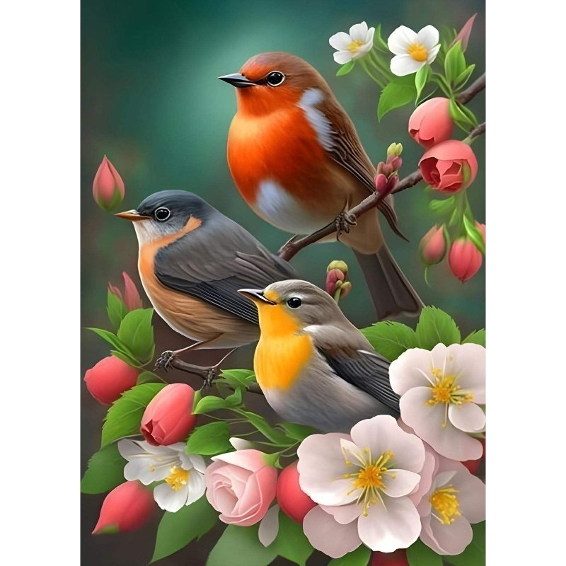 Diamond Painting-Drei Vögel auf Blütenzweigen