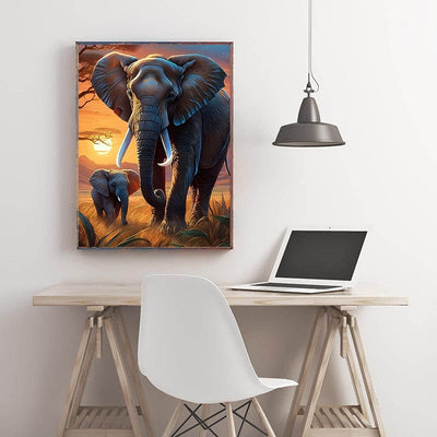 Diamond Painting-Elefanten bei Sonnenuntergang