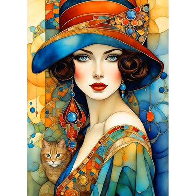 Diamond Painting-Elegante Dame im Jugendstil mit Katze