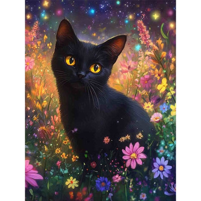 Diamond Painting-Elegante schwarze Katze im Zaubergarten