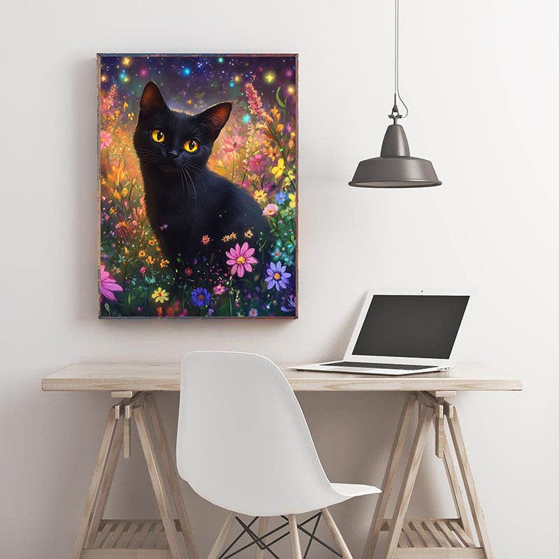 Diamond Painting-Elegante schwarze Katze im Zaubergarten