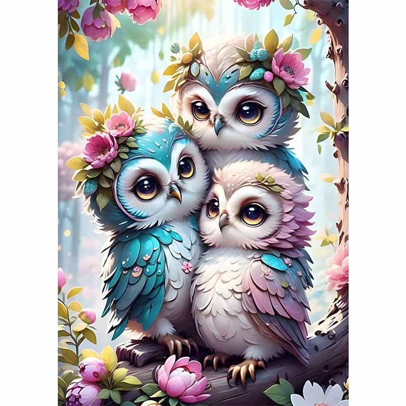 Diamond Painting-Eulenfamilie im Blumengarten