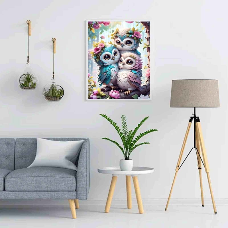 Diamond Painting-Eulenfamilie im Blumengarten
