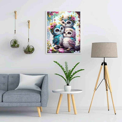 Diamond Painting-Eulenfamilie im Blumengarten