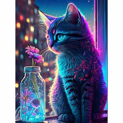 Diamond Painting-Fensterkatze bei Nacht