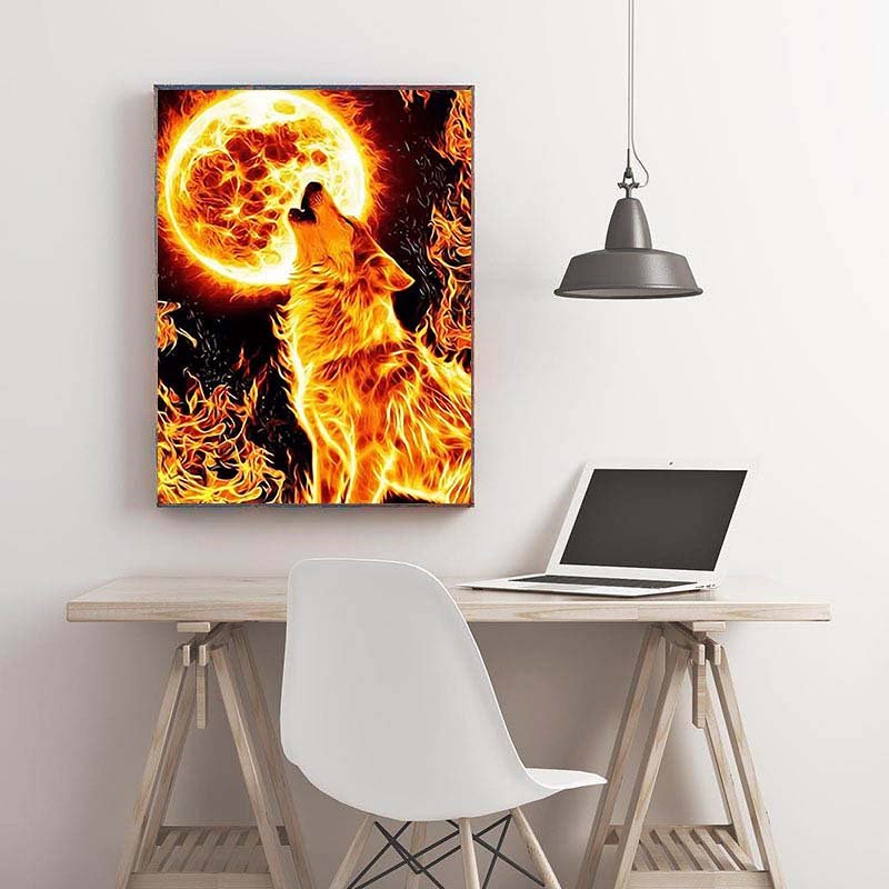 Diamond Painting-Feuerwolf unter dem Flammenmond