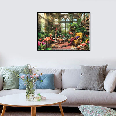 Diamond Painting-Flamingos im Lesesaal