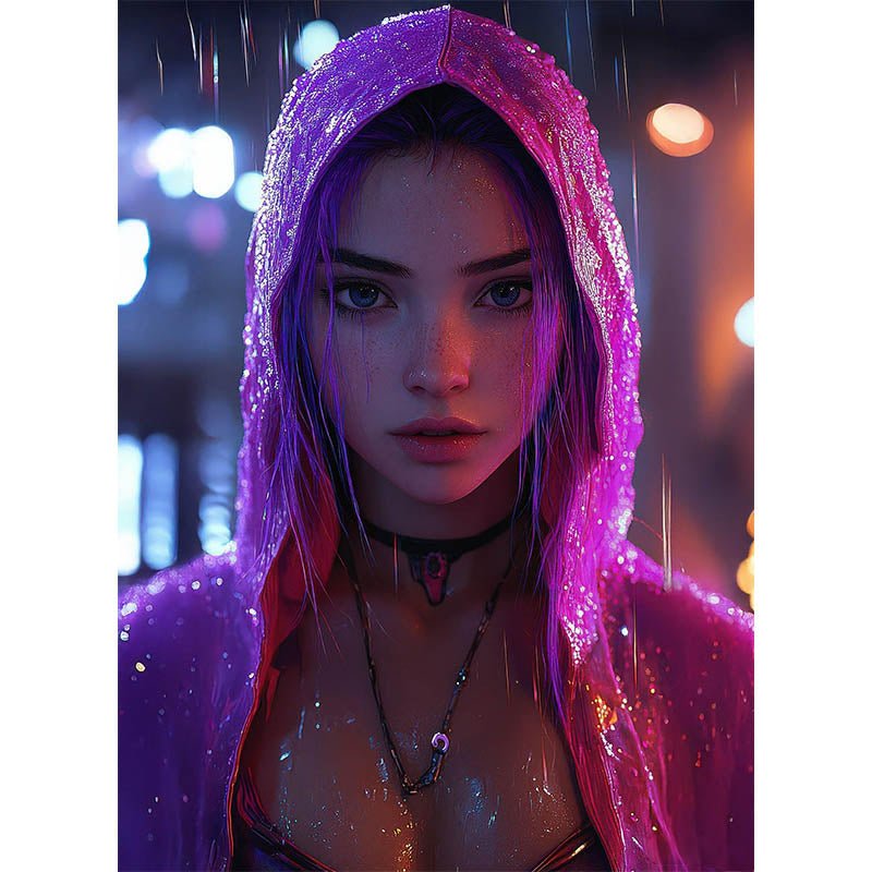 Diamond Painting- Frau mit Kapuze im Nachtregen