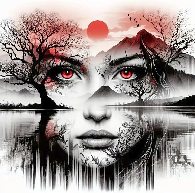 Diamond Painting-Frau mit Roten Augen und Spiegelung