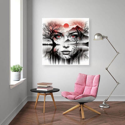 Diamond Painting-Frau mit Roten Augen und Spiegelung