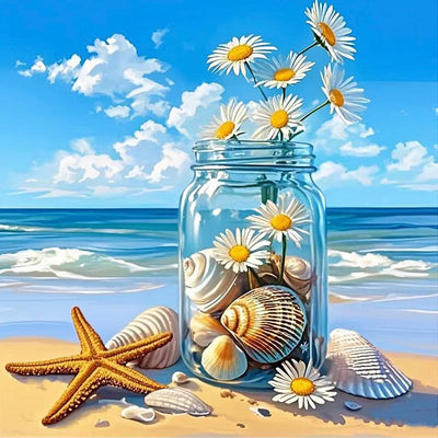 Diamond Painting-Gänseblümchen und Muscheln im Glas