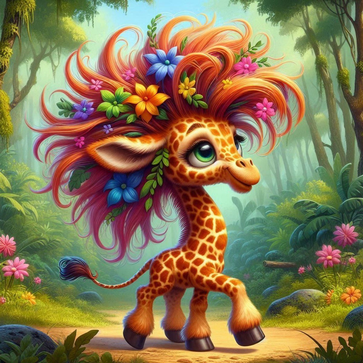 Diamond Painting - Giraffe mit Blumen auf dem Kopf - diamondspainting