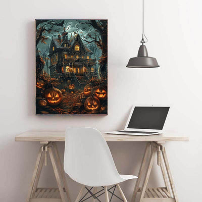 Diamond Painting-Halloween Spukhaus mit Kürbissen