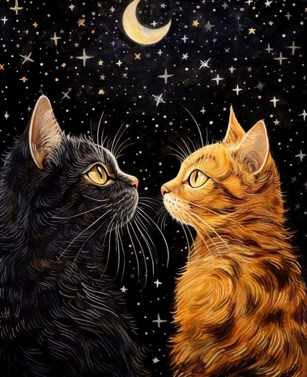 Diamond Painting - Katzenbrüder, die den Mond betrachten - diamondspainting