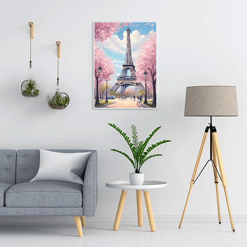 Diamond Painting-Kirschblütenbäume unter dem Eiffelturm