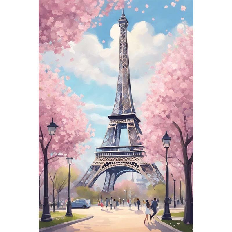 Diamond Painting-Kirschblütenbäume unter dem Eiffelturm