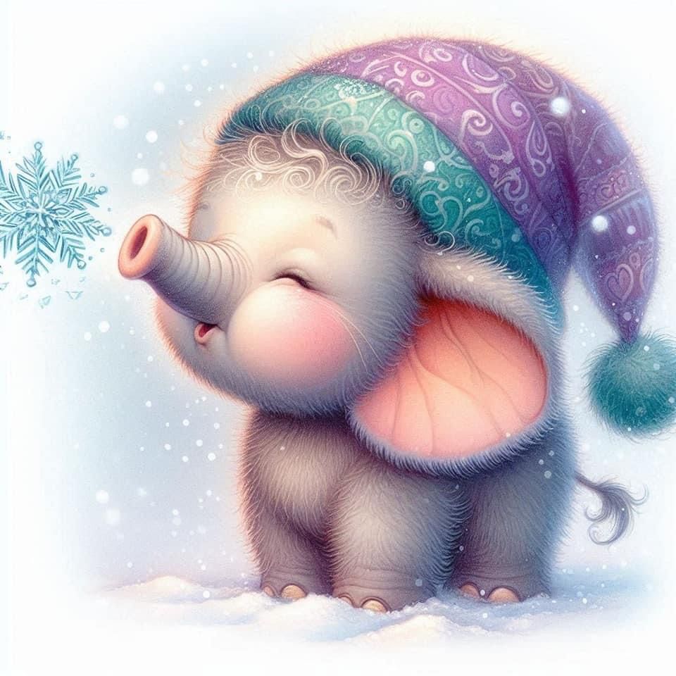 Diamond Painting-Kleiner Elefant, der Schneeflocken bläst - Jetzt bei diamondspainting kaufen