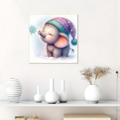 Diamond Painting-Kleiner Elefant, der Schneeflocken bläst