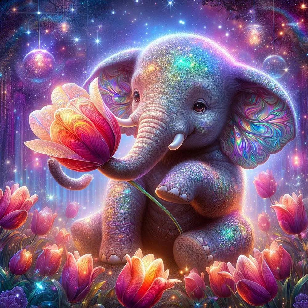 Diamond Painting-Kleiner Elefant in den Blumen - Jetzt bei diamondspainting kaufen