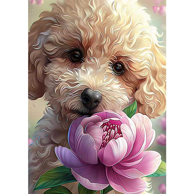Diamond Painting-Kleiner Pudel mit Rosa Blüte
