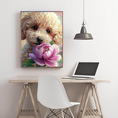 Diamond Painting-Kleiner Pudel mit Rosa Blüte