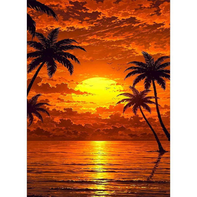 Diamond Painting-Kokosnussbäume am Meer bei Dämmerung