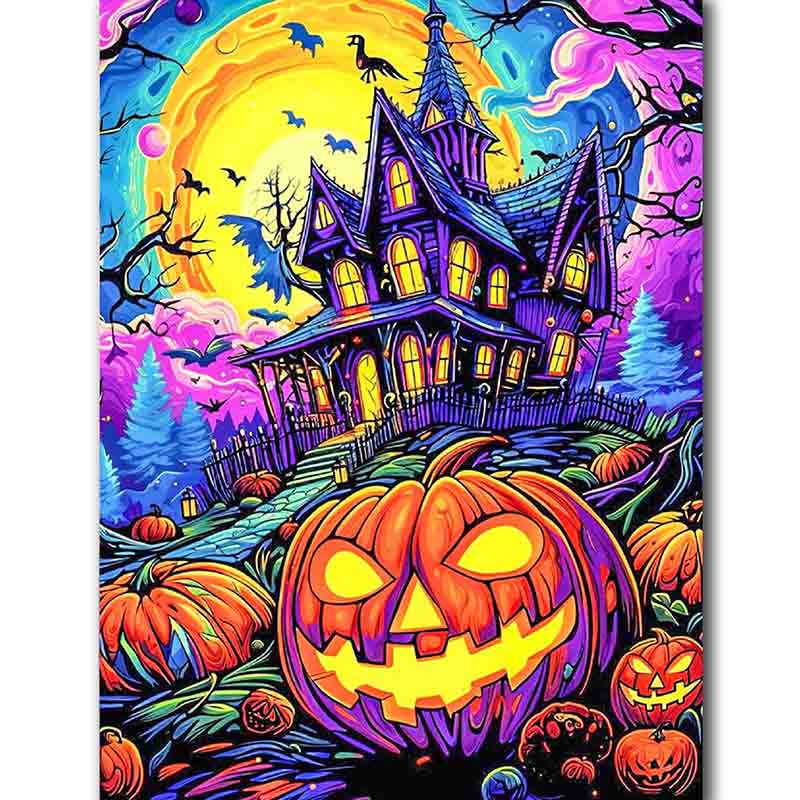 Diamond Painting-Leuchtendes Spukhaus mit Kürbissen