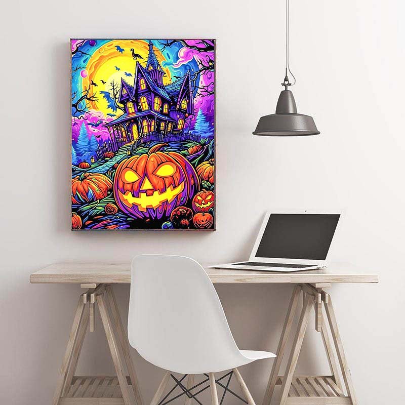 Diamond Painting-Leuchtendes Spukhaus mit Kürbissen